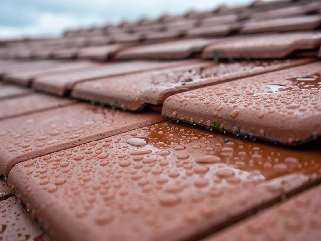 Tuiles mécaniques sous la pluie sur une couverture à Serres-Castet (64121)